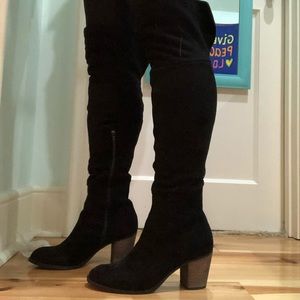 Black suede over the knee heeled boots